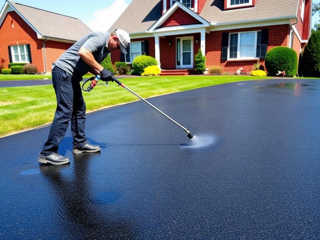 Worker applying driveway sealcoat